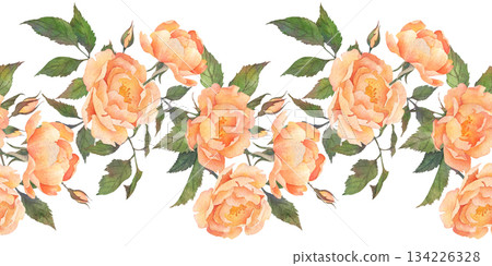 Horizontal seamless border of lush orange roses with leaves and buds. Hand-drawn watercolor illustration isolated on white background. Perfect for postcards, invitations, posters, polygraph, textile Horizontal seamless border of lush orange roses with leaves and buds. Hand-drawn watercolor illustration isolated on white background. Perfect for postcards, invitations, posters, polygraph, textile 134226328