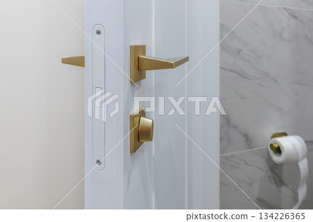 Modern White Door with Golden Handle in Bathroom Interior 134226365
