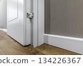 Concealed Door Hinge on White Interior Door with Wooden Floor 134226367