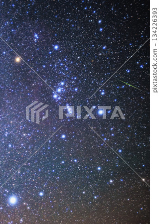 A starry sky filled with the Orionid meteor shower and the winter constellations A starry sky filled with the Orionid meteor shower and the winter constellations 134226393
