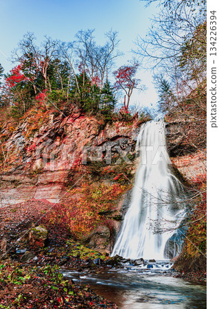 Omu Town, Hokkaido: Shinmon Falls colored by autumn leaves Omu Town, Hokkaido: Shinmon Falls colored by autumn leaves 134226394