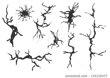 Crack wall, ground texture breaks on land surface. Ground fissure line sketch set. Crash fracture, land damage, earthquake 134226437