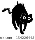 Black cat depicted in an arched , spooked.  134226448