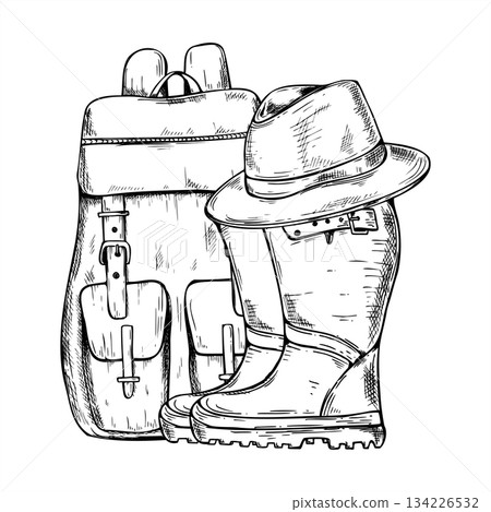 Backpack, felt fedora safari hat on rubber boots vector isolated illustration in hand drawn ink sketch style. Travel accessories monochrome composition for forest walk, fishing, trip posters, designs 134226532
