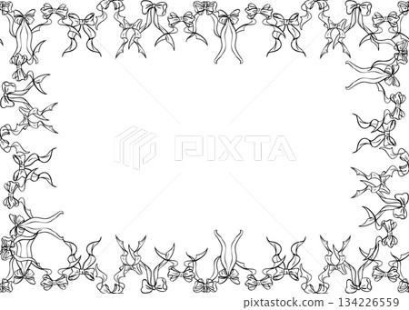 Elegant tied bows arranged around rectangular outline. Vector hand drawn frame illustration in ink and pen. Romantic label, Christmas or Easter festive border, Valentine printable decor, baby shower. 134226559