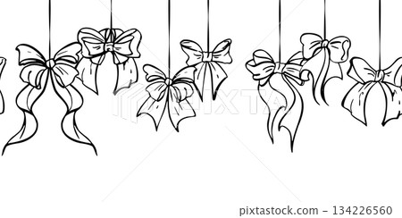 Cute bows and tied ribbons with elegant curving tails hanging on strings repeating in romantic line ornament. Hand drawn ink vector seamless banner. Wrapping header, festive border, printable decor. Cute bows and tied ribbons with elegant curving tails hanging on strings repeating in romantic line ornament. Hand drawn ink vector seamless banner. Wrapping header, festive border, printable decor. 134226560