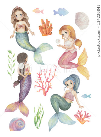 A cute cartoon set of mermaids. Watercolor set with coral, algae, fish, seashell and pearl  134226843