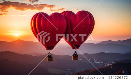 Hot air balloon at sunset in the sky, a colorful vector illustration of summer fun, flight, and travel adventure 134226872