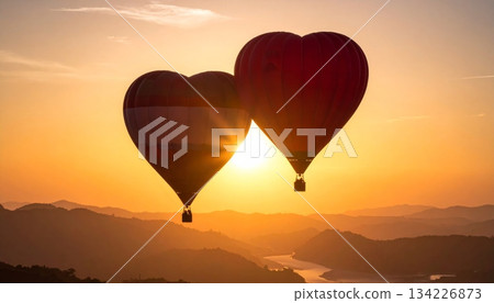 Hot air balloon at sunset in the sky, a colorful vector illustration of summer fun, flight, and travel adventure 134226873