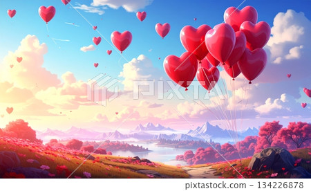 A red heart shape hot air balloon in the clear sky celebrates romantic Valentine's Day A red heart shape hot air balloon in the clear sky celebrates romantic Valentine's Day 134226878
