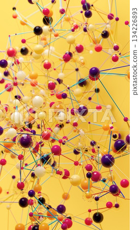 Vibrant Web: Colorful Spheres Linked on a Bright Yellow Canvas 134226893