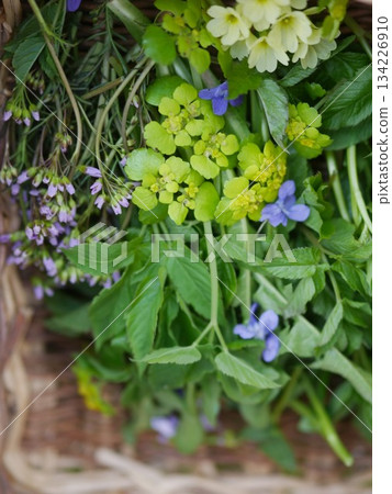 Basket of herbs and flowers with a blue flower in the middle Basket of herbs and flowers with a blue flower in the middle 134226910