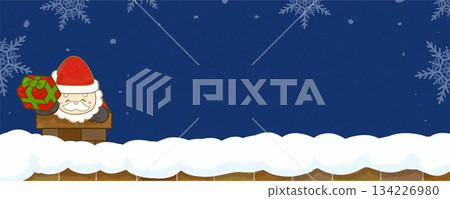 Banner illustration of Santa Claus entering a house through a chimney in a snowy landscape (no text) Banner illustration of Santa Claus entering a house through a chimney in a snowy landscape (no text) 134226980