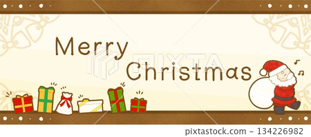 Christmas banner illustration featuring Santa Claus and lots of presents - with text 134226982
