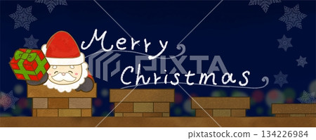 Banner illustration of Santa Claus entering a line of chimneys carrying presents at night (no text) Banner illustration of Santa Claus entering a line of chimneys carrying presents at night (no text) 134226984