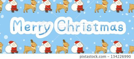 Light blue banner illustration of Santa Claus and reindeer walking (with text) 134226990