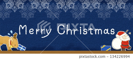 A navy blue towel-style banner featuring Santa Claus dropping presents and a reindeer picking them up, with text included A navy blue towel-style banner featuring Santa Claus dropping presents and a reindeer picking them up, with text included 134226994