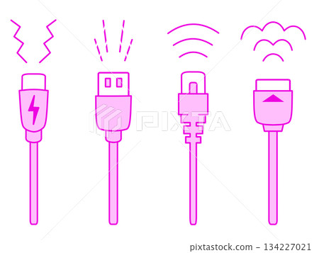 Illustration of USB Type-C, USB Type-A, LAN cable, and HDMI cable in pink Illustration of USB Type-C, USB Type-A, LAN cable, and HDMI cable in pink 134227021