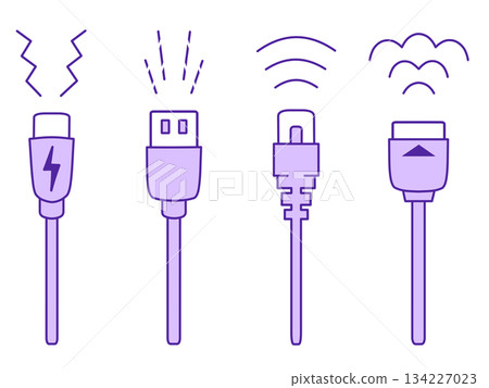 Illustration of USB Type-C, USB Type-A, LAN cable, and HDMI cable (purple) Illustration of USB Type-C, USB Type-A, LAN cable, and HDMI cable (purple) 134227023
