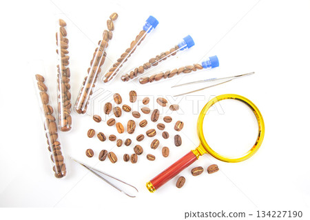 Coffee Industry Testing Roasted coffee beans under laboratory examination with scientific  134227190