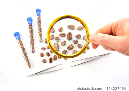 Scientific coffee inspection concept with magnifying glass Scientific coffee inspection concept with magnifying glass 134227464