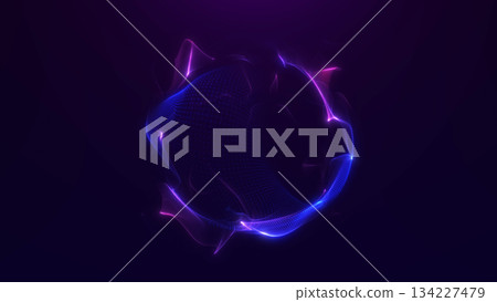 Glowing liquid particle sphere with flowing purple and blue neon waves forming dynamic futuristic abstract motion on dark background. 134227479