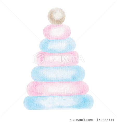 Pastel blue and pink stacking toy illustrated as hand drawn watercolor clipart suitable for childrens product labels, nursery prints, baby shower cards and playful design layouts for infants 134227535