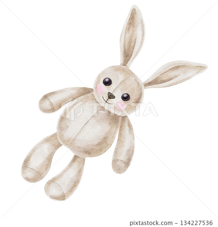 Beige plush rabbit toy painted as hand drawn watercolor illustration fitting for nursery prints, baby shower invitations, children product packaging and baby-themed design collections Beige plush rabbit toy painted as hand drawn watercolor illustration fitting for nursery prints, baby shower invitations, children product packaging and baby-themed design collections 134227536
