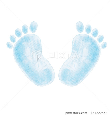Blue infant footprints illustrated in watercolor create an expressive hand-drawn element. Great for baby shower decorations, announcement cards, gender reveal graphics, scrapbooking 134227548