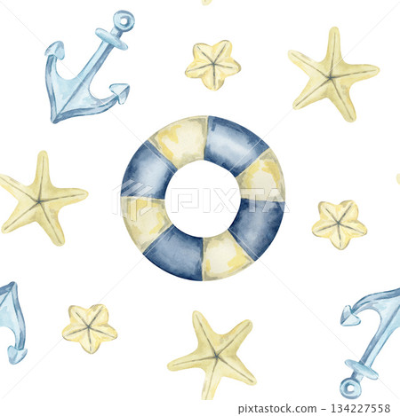 Yellow starfish, blue anchors, and lifebuoys repeat in this watercolor clipart and hand drawn seamless pattern great for craft papers, notebook covers, packaging, and nautical design projects. 134227558