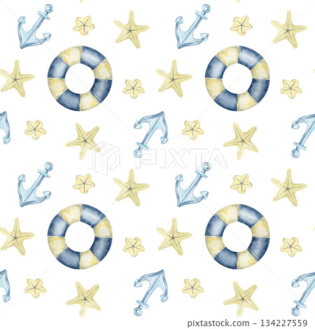 Soft blue anchors, beige starfish, and lifebuoys arranged in this watercolor clipart and hand drawn seamless pattern for summer fabrics, sticker sheets, wrapping paper, and beach-themed product lines 134227559