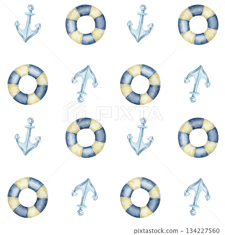 Blue anchors, lifebuoys, and beige starfish repeat in this watercolor clipart hand drawn seamless pattern for gift wrap, fabric prints, marine branding, cruise merchandise, and scrapbook materials. 134227560