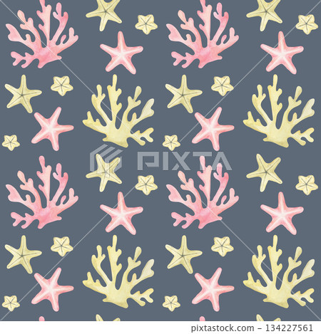 Navy background with pink coral, yellow starfish, and pale seaweed forms this watercolor clipart and hand drawn seamless pattern great for tote bags, textile, notebook covers, and nautical packaging 134227561