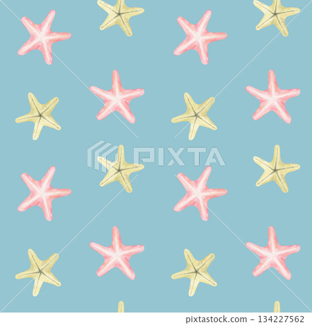 Yellow and pink starfish on a blue field create this watercolor clipart and hand drawn seamless pattern perfect for apparel prints, swimwear fabric packaging design, and coastal craft merchandise 134227562