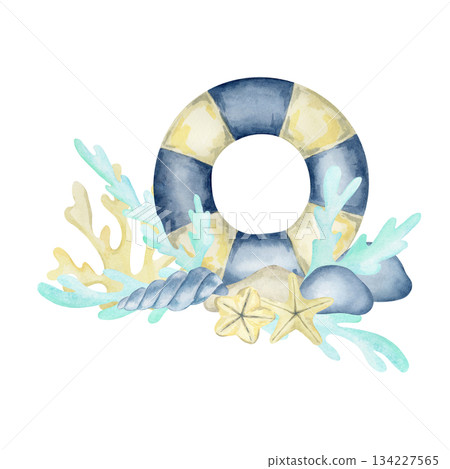 Blue and yellow lifebuoy with teal seaweed, coral shapes and stones as a hand drawn watercolor illustration suited for nautical stationery, travel branding, stickers, packaging and ocean-themed decor 134227565