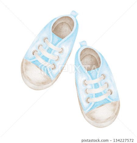 Blue baby boy shoes painted in delicate tones form a detailed watercolor illustration. Hand-drawn clipart for newborn announcements, baby shower cards, printable decorations, and apparel design Blue baby boy shoes painted in delicate tones form a detailed watercolor illustration. Hand-drawn clipart for newborn announcements, baby shower cards, printable decorations, and apparel design 134227572