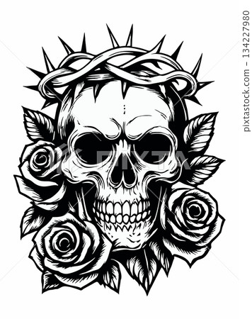 Skull with crown of thorns and rose art for gothic tattoo or design 134227980