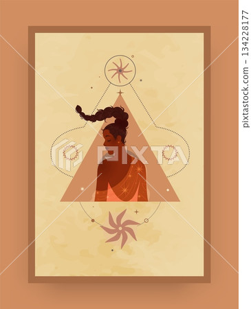 Woman magic. Young female Boho portrait. Mystic line symbols. Spiritual stars and abstract sun astrology icons. Beautiful people profile. Mystical girl face. Occult pentagram. Vector esoteric card Woman magic. Young female Boho portrait. Mystic line symbols. Spiritual stars and abstract sun astrology icons. Beautiful people profile. Mystical girl face. Occult pentagram. Vector esoteric card 134228177