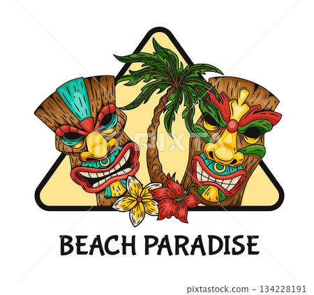 Colorful tropical tiki mask. Beach paradise design with exotic wooden idols, palm tree and bright island flower. Vacation symbol summer atmosphere and exotic vibe. Vector cartoon isolated illustration 134228191