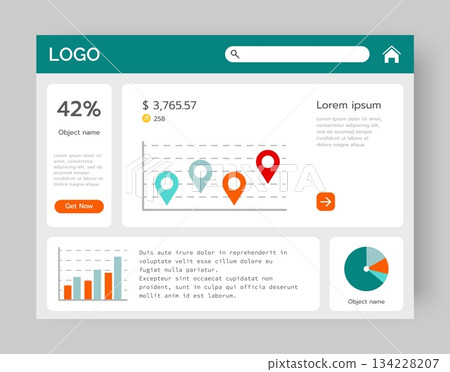 Graph UI. Computer display. Infographic report. Office data infochart with histogram and profit diagram. Text frames. Website interface. Business economy information. Vector web browser design layout Graph UI. Computer display. Infographic report. Office data infochart with histogram and profit diagram. Text frames. Website interface. Business economy information. Vector web browser design layout 134228207