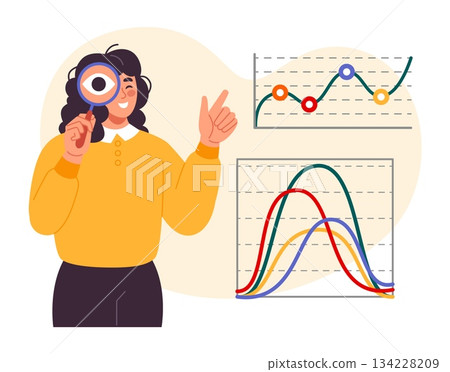 Woman business presentation. Business woman look in magnifying glass, searching planning information. Office employee present project on conference. Vector cartoon flat style isolated illustration Woman business presentation. Business woman look in magnifying glass, searching planning information. Office employee present project on conference. Vector cartoon flat style isolated illustration 134228209