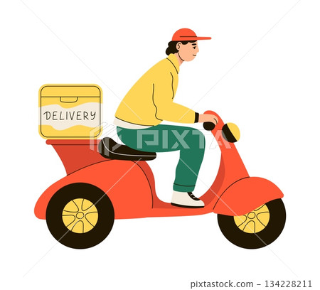 Food express delivery. Man on scooter rides, courier on motorbike. Logistic and product transportation concept. Deliveryman on moped. Takeaway meal. Vector cartoon flat style isolated illustration Food express delivery. Man on scooter rides, courier on motorbike. Logistic and product transportation concept. Deliveryman on moped. Takeaway meal. Vector cartoon flat style isolated illustration 134228211