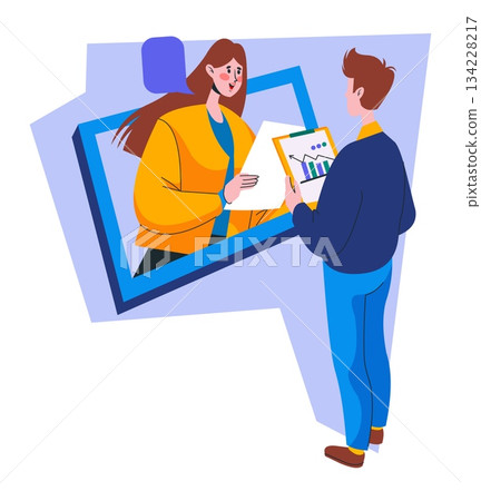 Online presentation. video call meeting, freelance worker talk with partners, woman on computer screen, people communication. Internet conference. Vector cartoon flat style isolated illustration 134228217