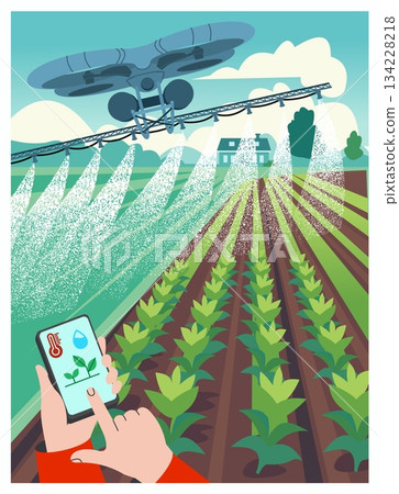 Agriculture farm. Smart farming. Plantation agricultural drone. Countryside barn. Innovation flying technology. Farmer controlling UAV with phone. Spray fertilizers. Quadcopter robot. Vector concept Agriculture farm. Smart farming. Plantation agricultural drone. Countryside barn. Innovation flying technology. Farmer controlling UAV with phone. Spray fertilizers. Quadcopter robot. Vector concept 134228218