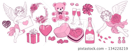 Valentines Day hand drawing. Doodle Cupid, heart, Cherub. Tattoo love angel. Watercolour bow, arrow, chocolate sweets and botanical frame decor. Wedding icon ribbon. Baby on cloud. Vector isolated set Valentines Day hand drawing. Doodle Cupid, heart, Cherub. Tattoo love angel. Watercolour bow, arrow, chocolate sweets and botanical frame decor. Wedding icon ribbon. Baby on cloud. Vector isolated set 134228219