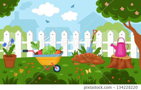 Spring garden landscape. Summer flower design. Cartoon botanical, plant pot. Agriculture fence. Grass backyard. Rural farm scenery. Wheelbarrow vegetable harvest. Vector tidy nature isolated concept Spring garden landscape. Summer flower design. Cartoon botanical, plant pot. Agriculture fence. Grass backyard. Rural farm scenery. Wheelbarrow vegetable harvest. Vector tidy nature isolated concept 134228220