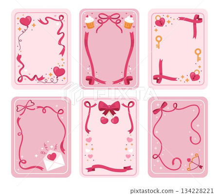 Love bow frame. Heart decoration. Vintage template, wedding ribbon. Border for Valentines Day. Birthday empty card. Gift romantic elegant element. Vector tidy decor isolated cute romantic design 134228221