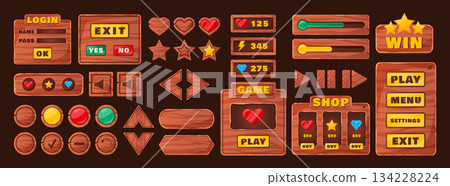 Wooden UI. Game button. Board interface. Menu template. Mobile asset. Log texture. Icon box. Gaming award and play design elements. Shop display. Vector timber panel components set for garish users Wooden UI. Game button. Board interface. Menu template. Mobile asset. Log texture. Icon box. Gaming award and play design elements. Shop display. Vector timber panel components set for garish users 134228224