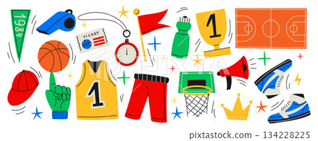 Basketball team stickers. Sport icon. Retro game. Streetball playground. Doodle ball. Basket net. Player sportswear. Whistle and flag. Cartoon scoreboard. Vector comic athletic elements garish set 134228225