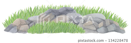 Watercolor stone rock formation with grass isolated on white. Detailed texture rocky surface for nature designs and landscapes. Watercolor stone rock formation with grass isolated on white. Detailed texture rocky surface for nature designs and landscapes. 134228478